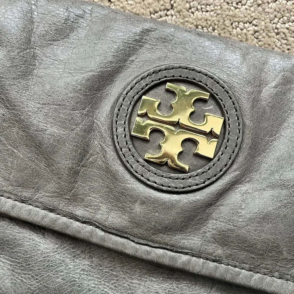 Tory Burch Convertible City Messenger Gray Leather Gold Chain Foldover Crossbody